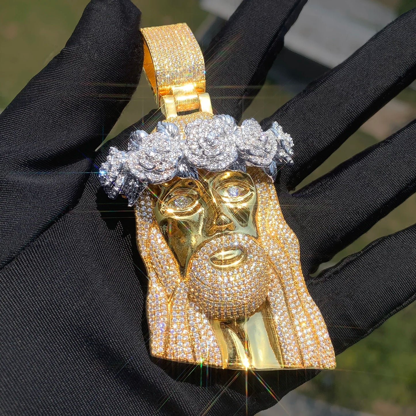 CUC Rose Flower Jesus Head Pendant Gold Silver Color Men Women HipHop Necklace Chain Fashion Rock Rapper Jewelry Gift