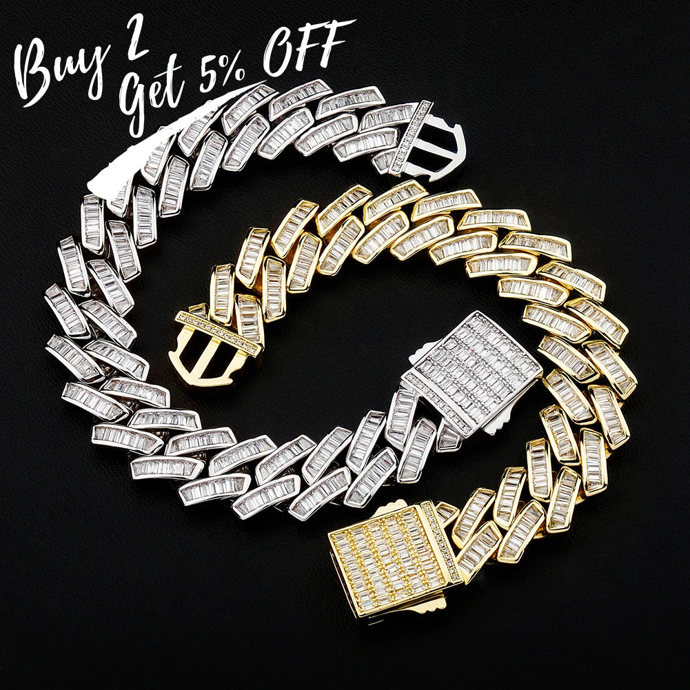 TOPGRILLZ Mens Bracelet 18mm Baguette Prong Cuban Link Bracelet CZ Iced Out Chain High Quality Hip Hop Luxury Jewelry For Gift