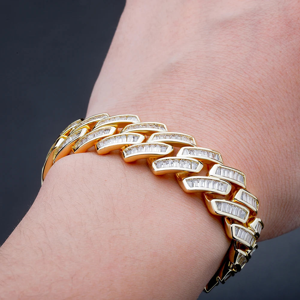 TOPGRILLZ Mens Bracelet 18mm Baguette Prong Cuban Link Bracelet CZ Iced Out Chain High Quality Hip Hop Luxury Jewelry For Gift