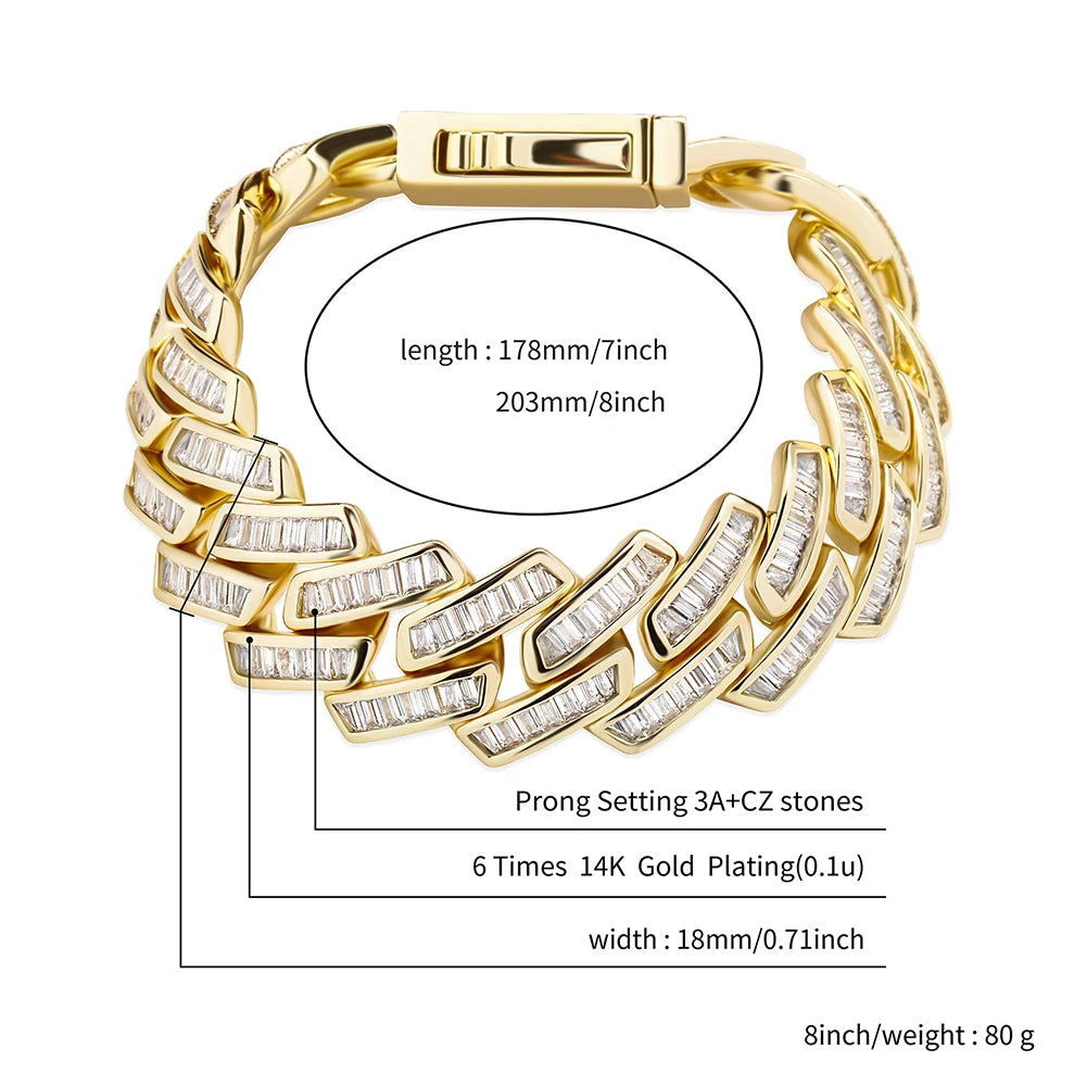 TOPGRILLZ Mens Bracelet 18mm Baguette Prong Cuban Link Bracelet CZ Iced Out Chain High Quality Hip Hop Luxury Jewelry For Gift