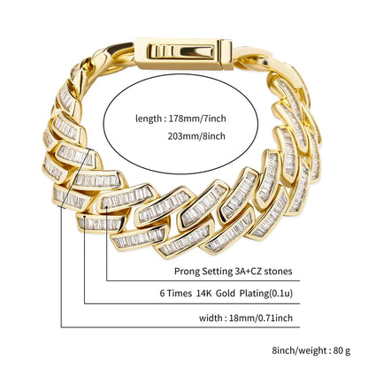 TOPGRILLZ Mens Bracelet 18mm Baguette Prong Cuban Link Bracelet CZ Iced Out Chain High Quality Hip Hop Luxury Jewelry For Gift