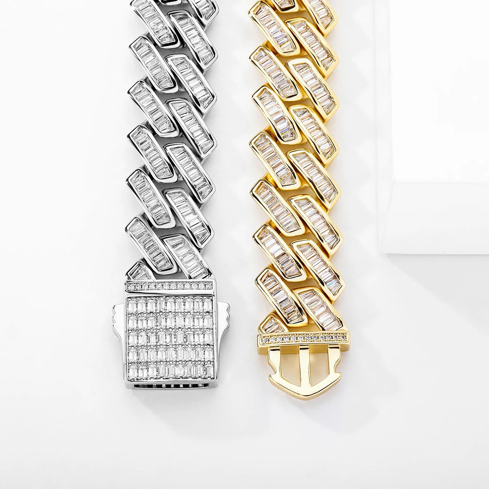 TOPGRILLZ Mens Bracelet 18mm Baguette Prong Cuban Link Bracelet CZ Iced Out Chain High Quality Hip Hop Luxury Jewelry For Gift