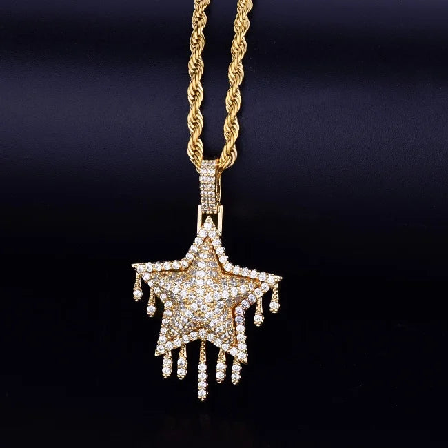 Drip Star Pendant Necklace Gold Color Bling Cubic Zircon Men's Hip Hop Jewelry