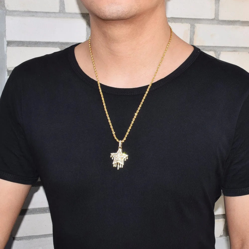 Drip Star Pendant Necklace Gold Color Bling Cubic Zircon Men's Hip Hop Jewelry