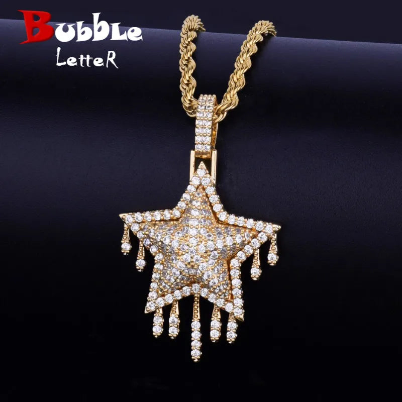 Drip Star Pendant Necklace Gold Color Bling Cubic Zircon Men's Hip Hop Jewelry