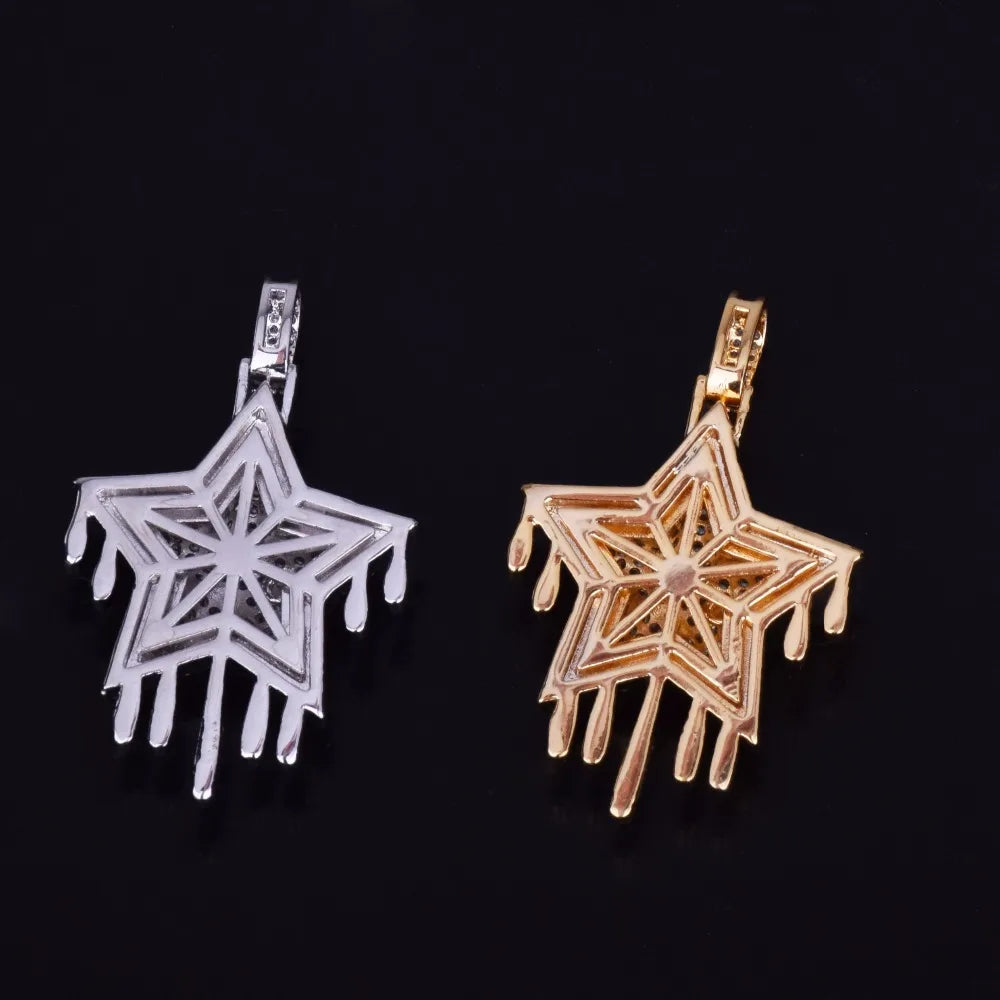 Drip Star Pendant Necklace Gold Color Bling Cubic Zircon Men's Hip Hop Jewelry