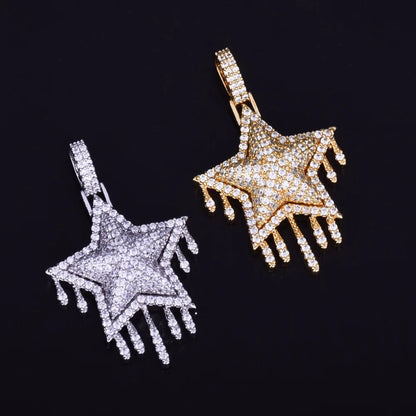 Drip Star Pendant Necklace Gold Color Bling Cubic Zircon Men's Hip Hop Jewelry
