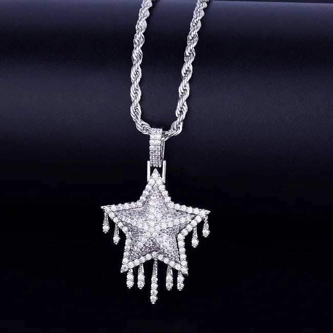 Drip Star Pendant Necklace Gold Color Bling Cubic Zircon Men's Hip Hop Jewelry