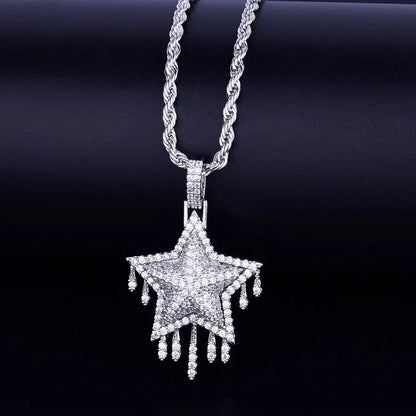 Drip Star Pendant Necklace Gold Color Bling Cubic Zircon Men's Hip Hop Jewelry