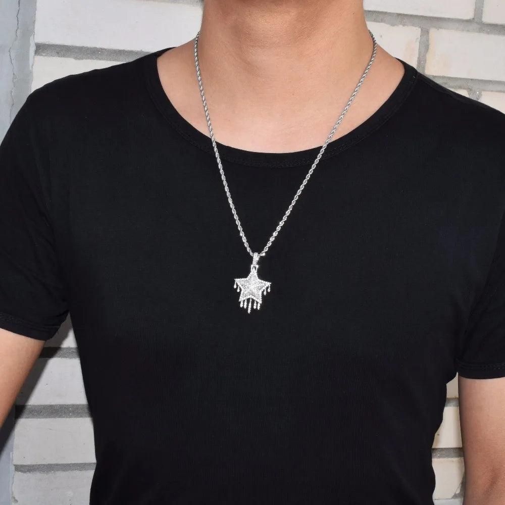 Drip Star Pendant Necklace Gold Color Bling Cubic Zircon Men's Hip Hop Jewelry