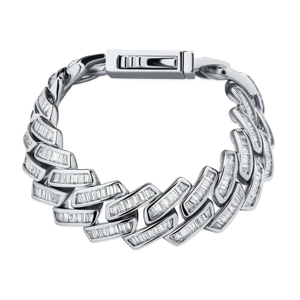 TOPGRILLZ Mens Bracelet 18mm Baguette Prong Cuban Link Bracelet CZ Iced Out Chain High Quality Hip Hop Luxury Jewelry For Gift