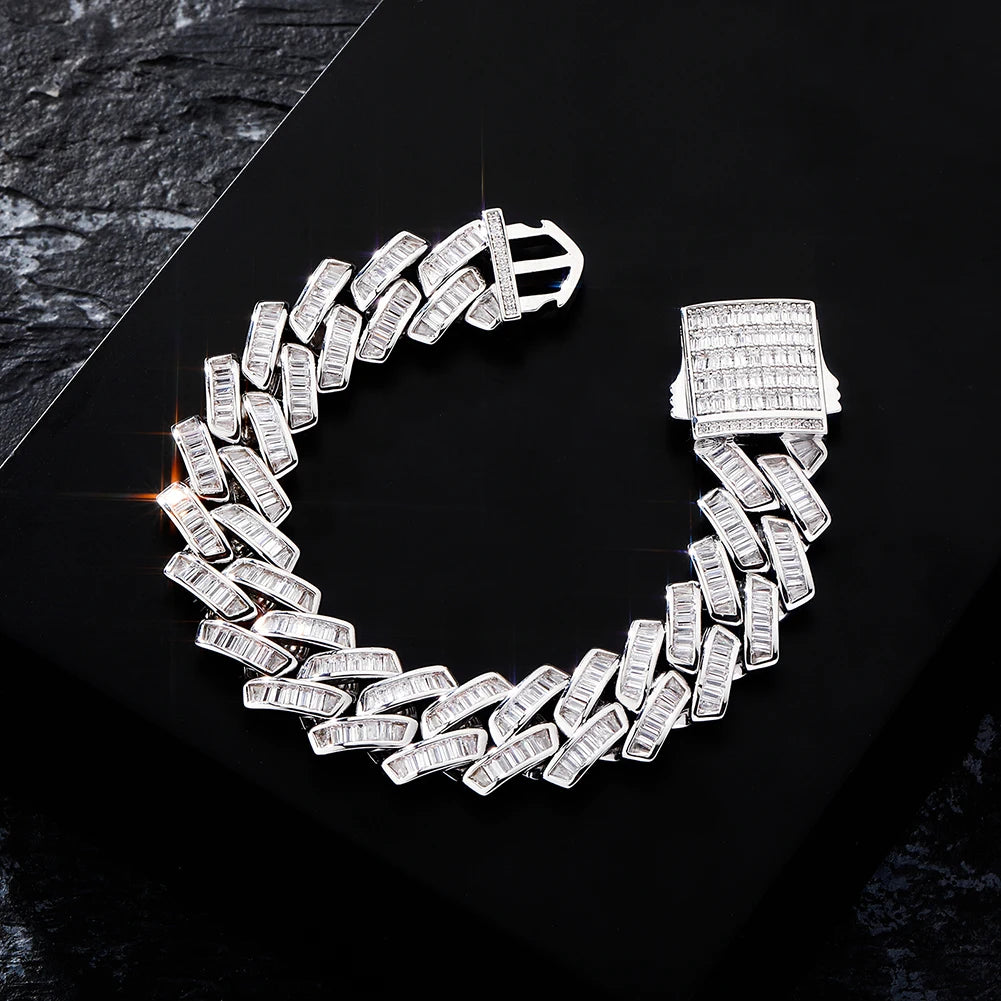 TOPGRILLZ Mens Bracelet 18mm Baguette Prong Cuban Link Bracelet CZ Iced Out Chain High Quality Hip Hop Luxury Jewelry For Gift