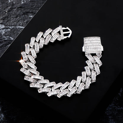 TOPGRILLZ Mens Bracelet 18mm Baguette Prong Cuban Link Bracelet CZ Iced Out Chain High Quality Hip Hop Luxury Jewelry For Gift