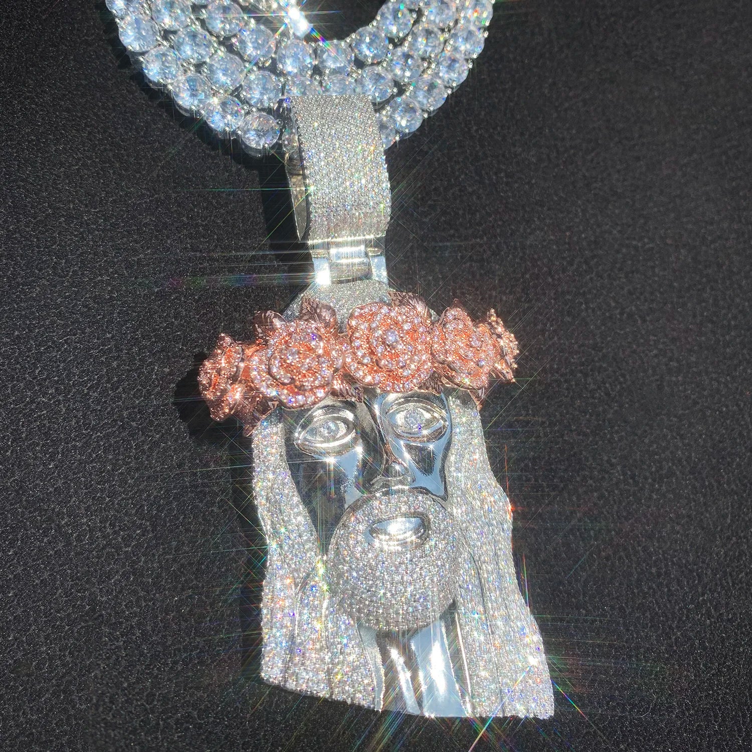 CUC Rose Flower Jesus Head Pendant Gold Silver Color Men Women HipHop Necklace Chain Fashion Rock Rapper Jewelry Gift