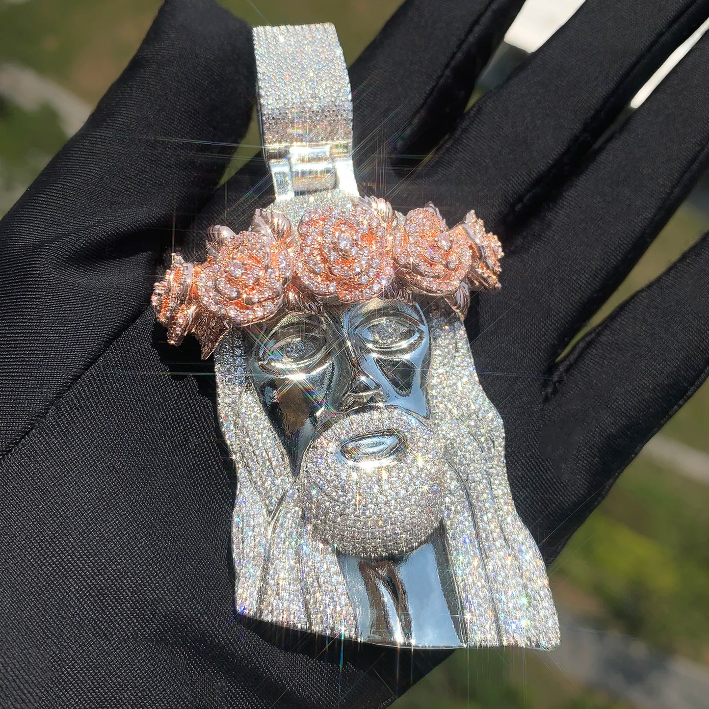 CUC Rose Flower Jesus Head Pendant Gold Silver Color Men Women HipHop Necklace Chain Fashion Rock Rapper Jewelry Gift