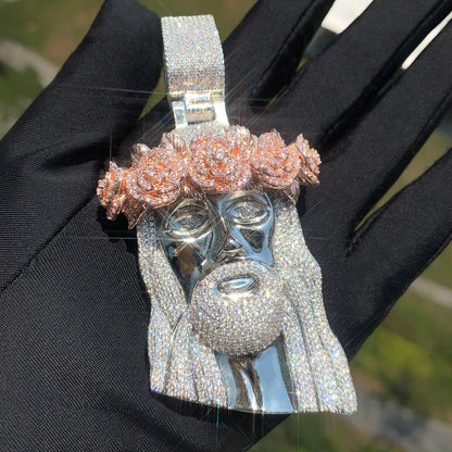 CUC Rose Flower Jesus Head Pendant Gold Silver Color Men Women HipHop Necklace Chain Fashion Rock Rapper Jewelry Gift