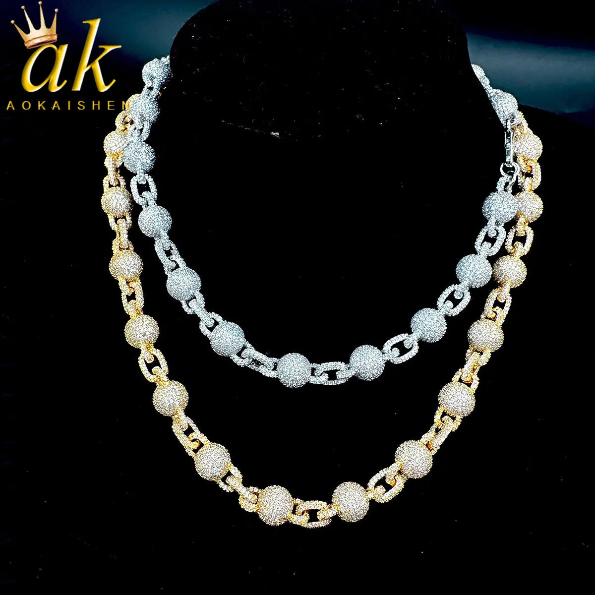 Aokaishen Iced Out Ball Chain for Men Micro Pave Choker Necklace Hip Hop Fashion Jewelry Bling Charms