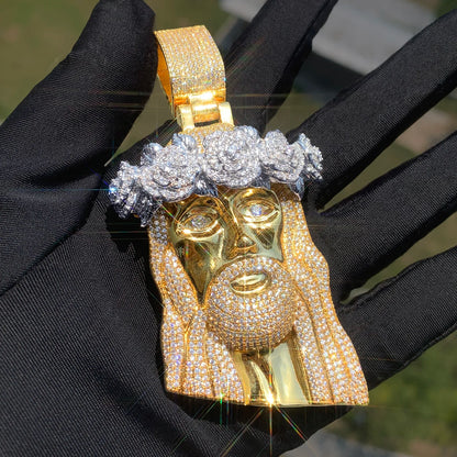 CUC Rose Flower Jesus Head Pendant Gold Silver Color Men Women HipHop Necklace Chain Fashion Rock Rapper Jewelry Gift