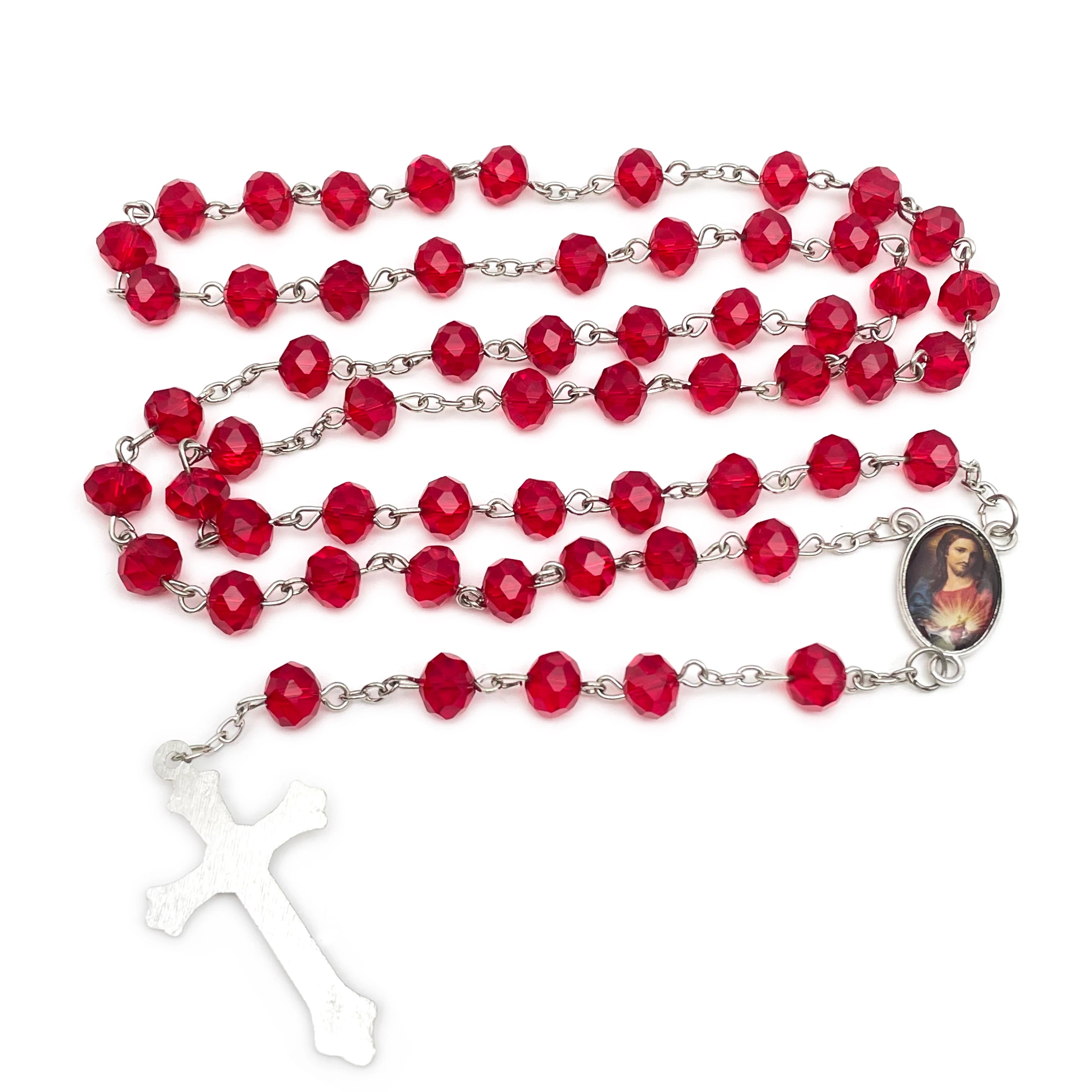 Crystal Beads Catholic Rosary Crucifix Necklace of Divine Prayer to Sacred Heart, (Burgudy)