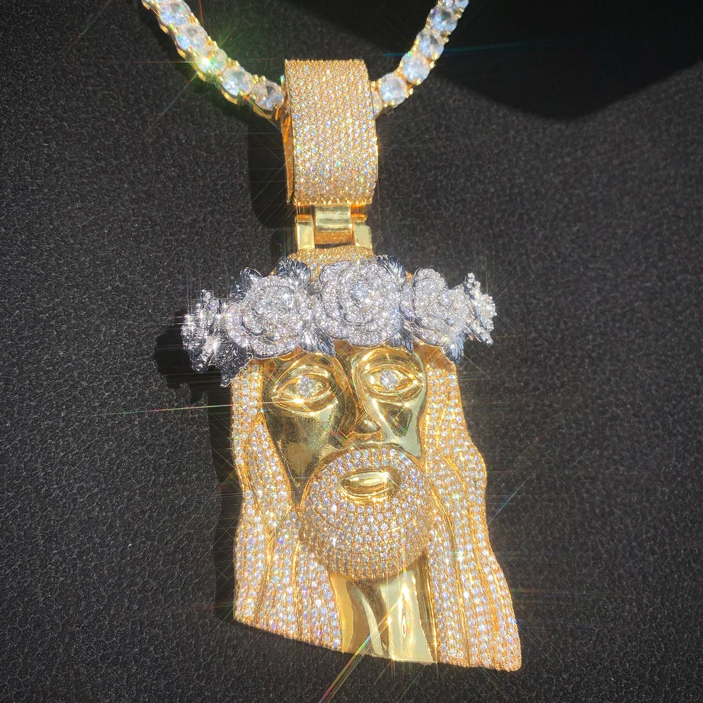 CUC Rose Flower Jesus Head Pendant Gold Silver Color Men Women HipHop Necklace Chain Fashion Rock Rapper Jewelry Gift